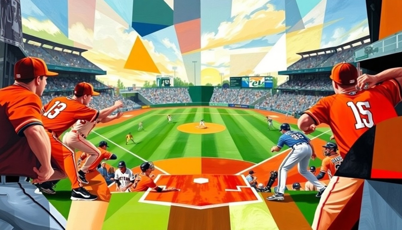 An abstract, cubist-style painting featuring fragmented, overlapping geometric shapes in vibrant shades of orange, black, blue, and white, capturing the dynamic energy of a college baseball game.