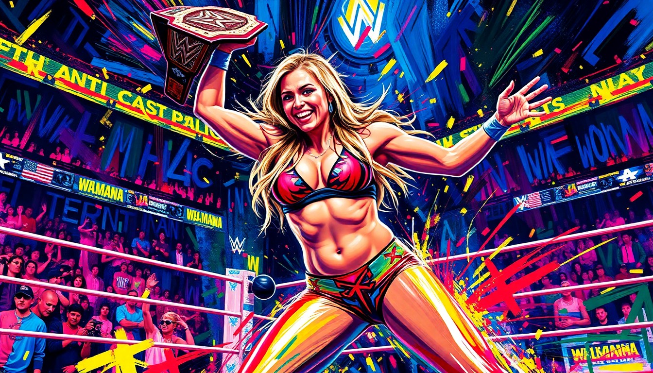 An abstract, expressionist painting featuring vibrant brushstrokes in neon colors, capturing the dynamic movement and raw power of a professional wrestling match.