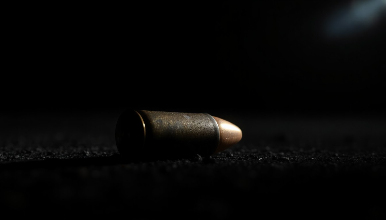 An extreme close-up photograph of a spent bullet casing on the ground, the metallic texture and dramatic shadows creating a stark, gritty, investigative aesthetic.
