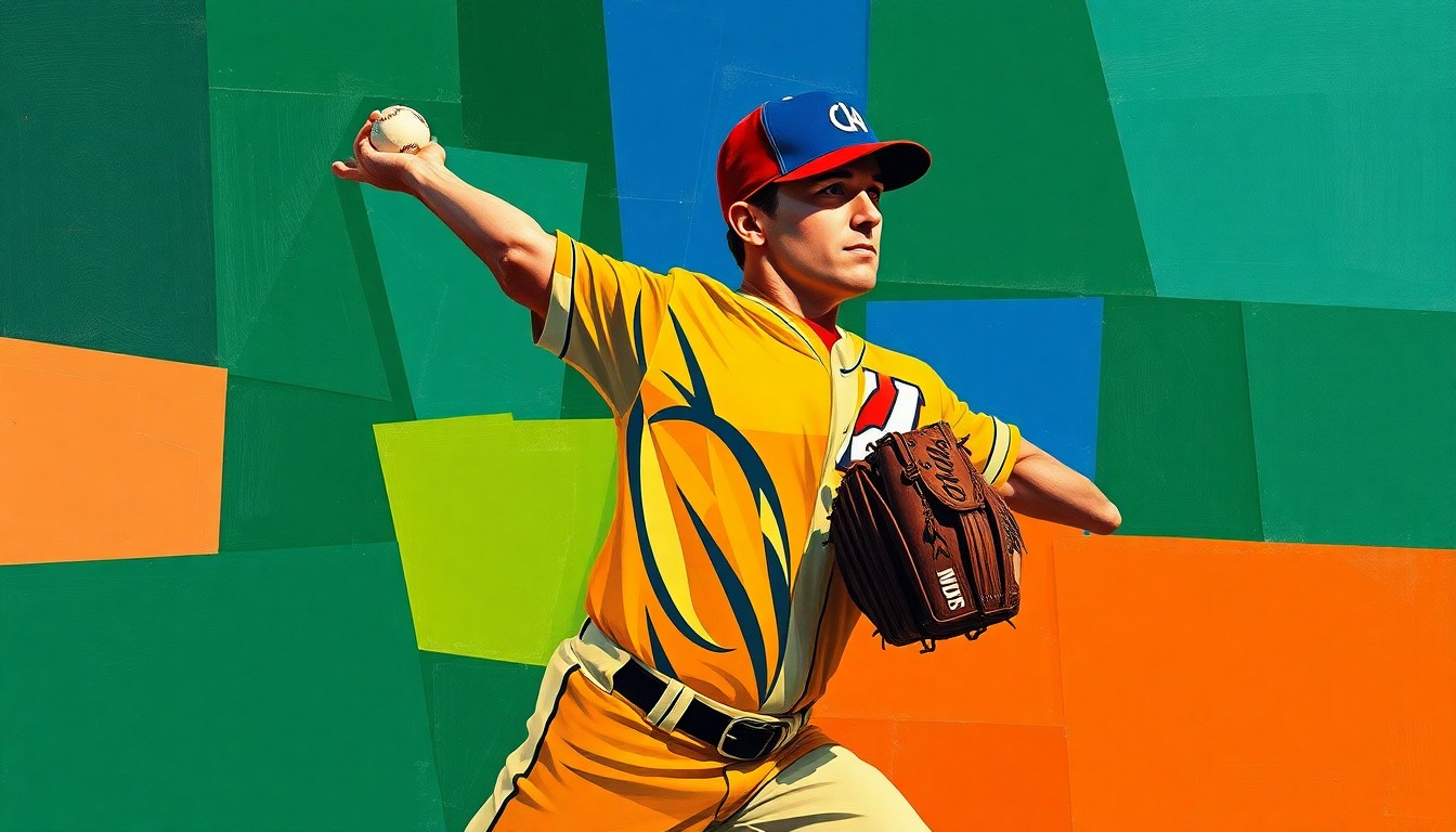 A fragmented, geometric painting depicting a baseball pitcher's motion broken down into sharp, overlapping planes of color, conveying the dynamic movement and intensity of the sport.