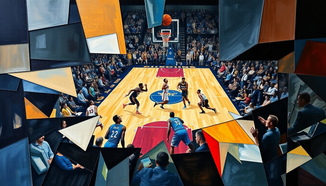 A cubist-style painting depicting a basketball game, with the players and court broken down into sharp, overlapping geometric shapes and planes, capturing the energy and movement of the game.