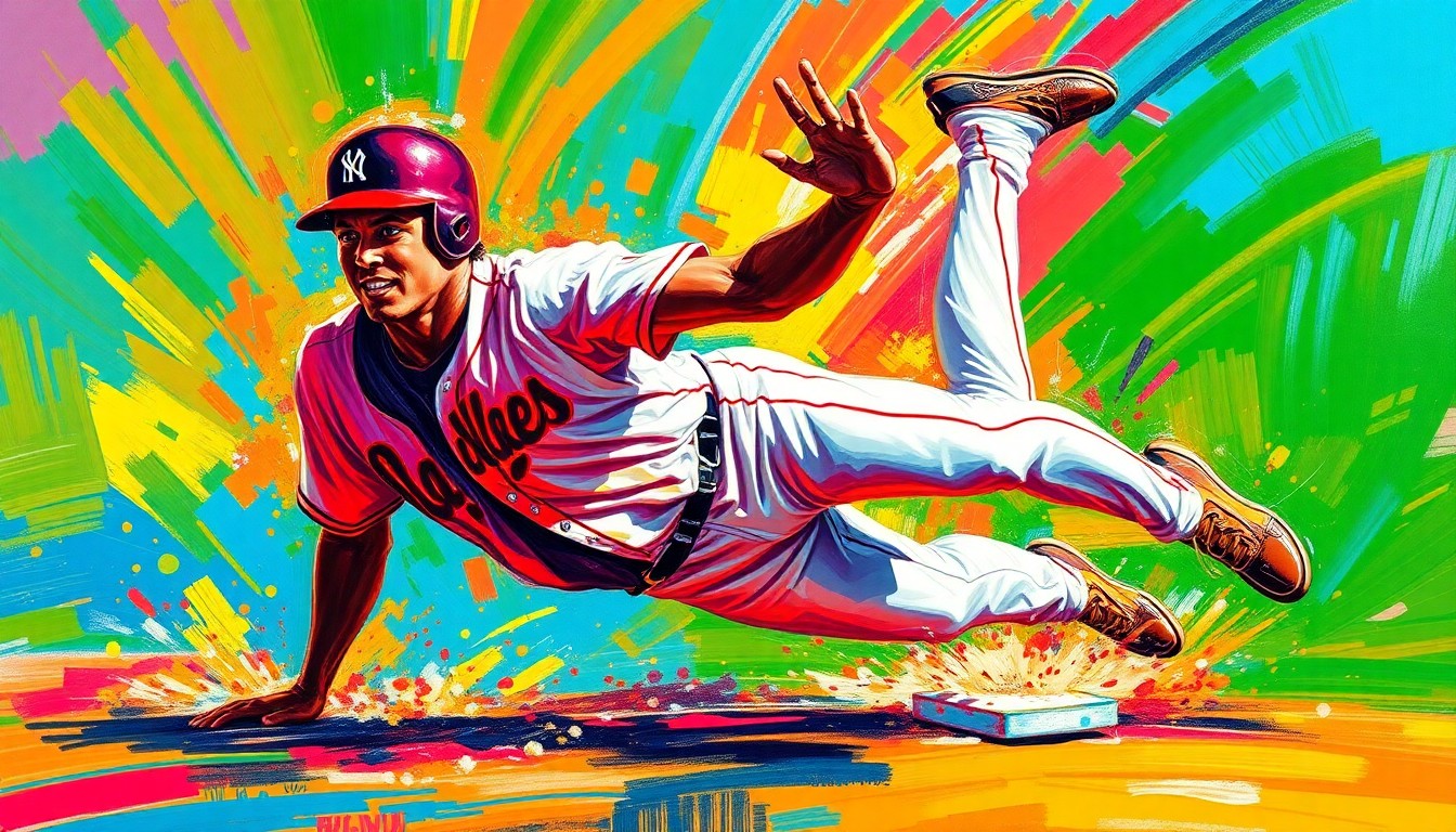 An abstract, energetic painting using bold, neon-like brushstrokes to depict the dynamic motion of a baseball player sliding back to first base, capturing the intensity of the game between the two teams.