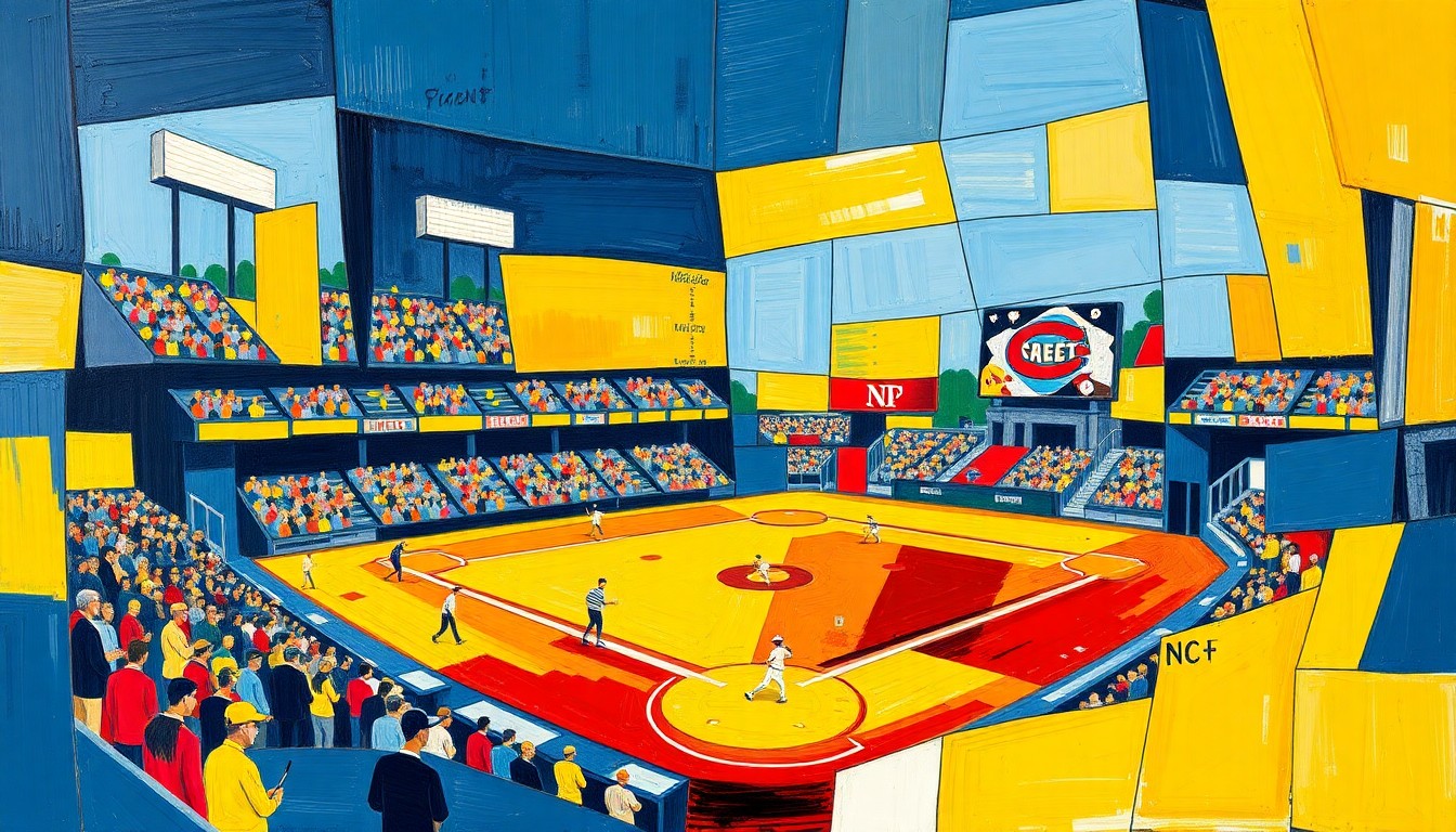 A cubist, geometric painting depicting a baseball game in motion, with sharp, overlapping planes of navy, gold, and red representing the dynamic action on the field.