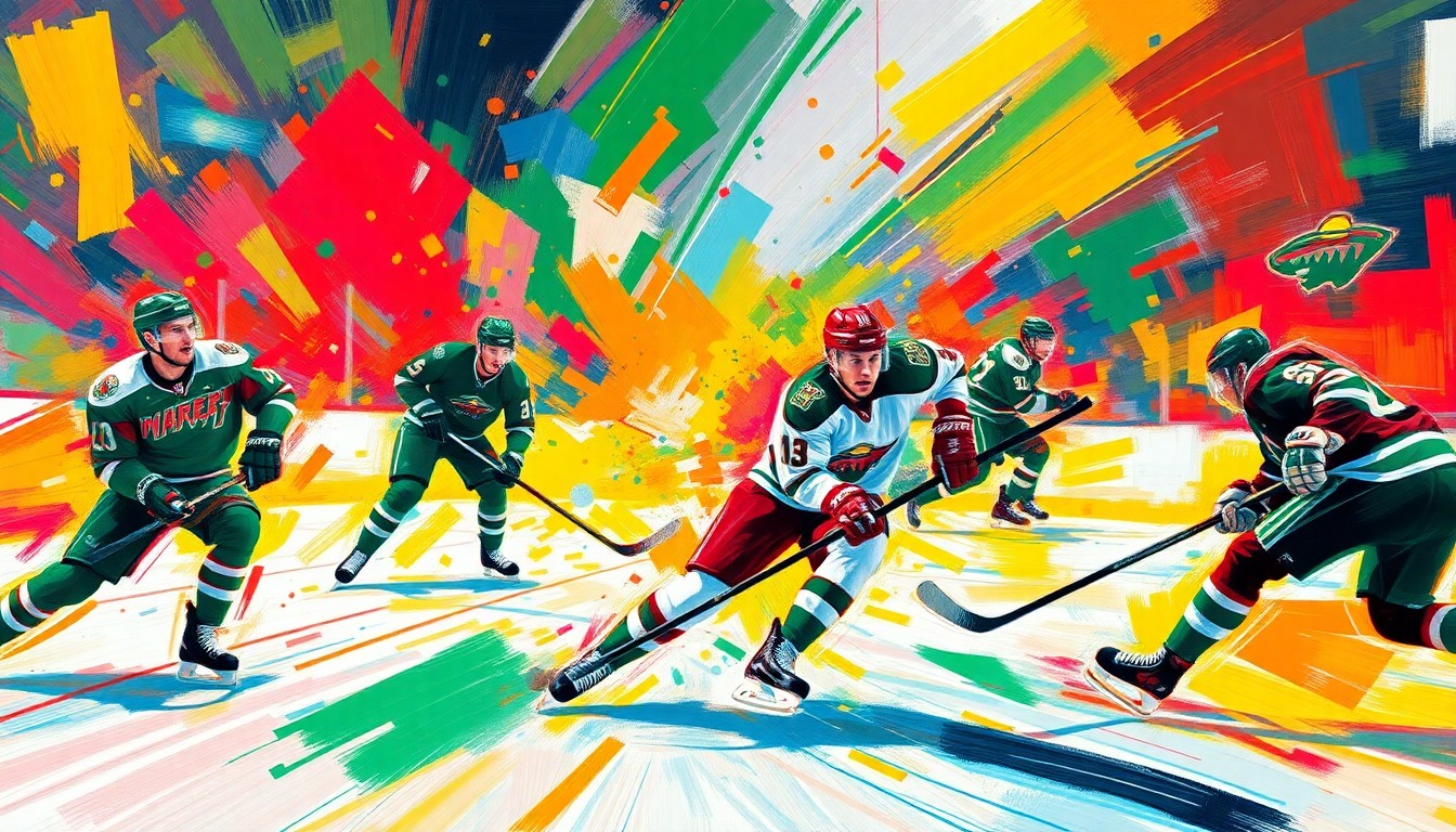 An abstract painting featuring bold, sweeping brushstrokes in neon shades of blue, green, and red, conveying the raw energy and movement of a high-intensity NHL playoff hockey game.