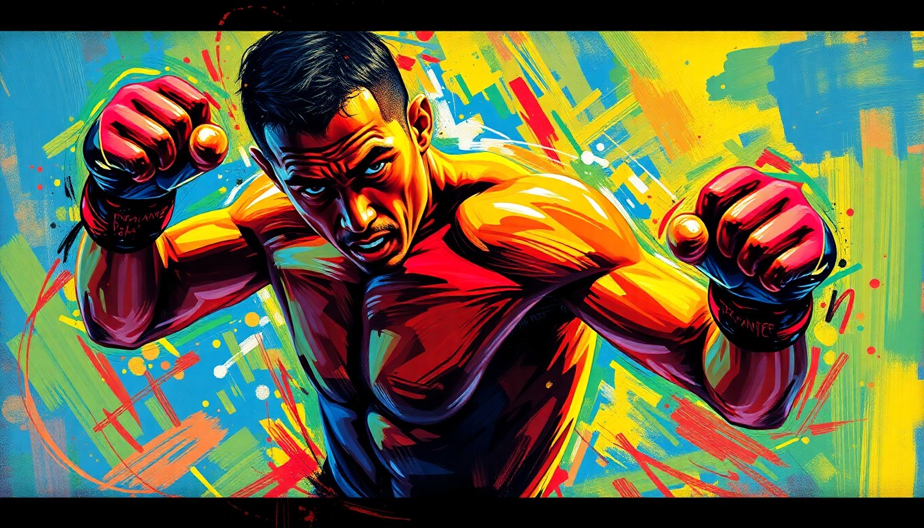 An abstract, expressionist painting in vivid neon colors, with rapid brushstrokes conveying the explosive power and kinetic energy of a mixed martial arts fighter, conceptually representing the potential risks and rewards of a fighter's career path.