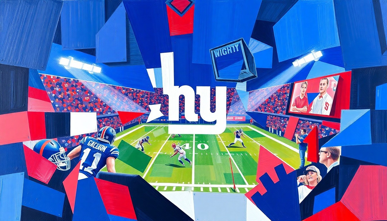A cubist-style painting featuring fragmented geometric shapes in the Giants' team colors, conceptually representing the multiple perspectives and strategic decisions involved in the upcoming NFL Draft.
