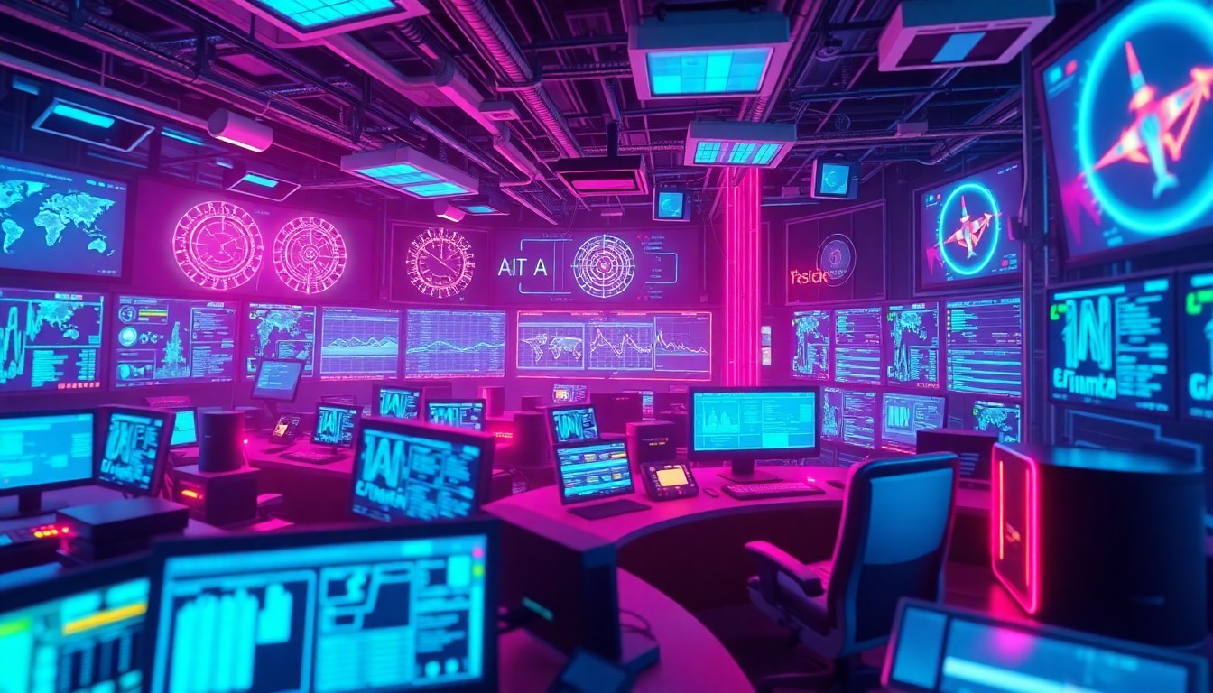 A highly detailed, 3D macro illustration of an air traffic control system, with illuminated radar screens, data visualizations, and interconnected digital components glowing with neon cyan and magenta lights, conveying the high-tech, cybernetic nature of integrating AI into air traffic management.