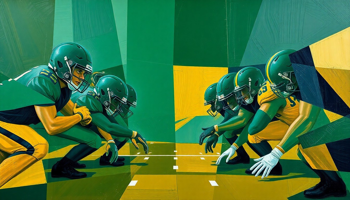 A cubist, geometric illustration depicting the fragmented components of a football offensive line, rendered in a palette of greens, golds, and blues to capture the complex dynamics of the trenches.
