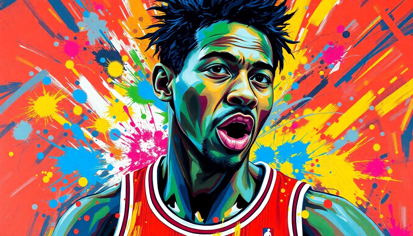 An abstract expressionist painting in neon colors depicting the dynamic movements and energy of a basketball player, with their face and jersey number obscured into vibrant brushstrokes.