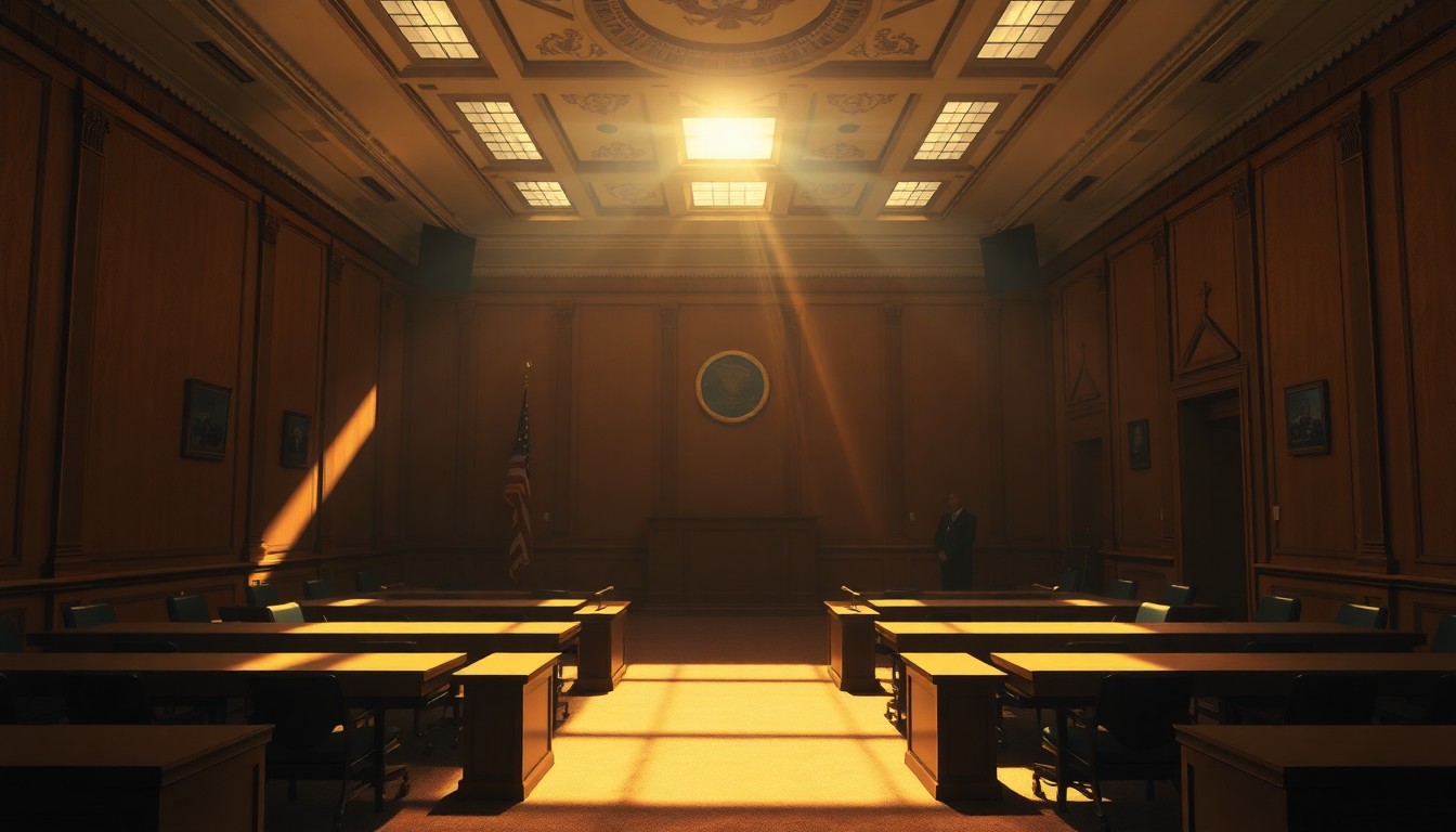A dimly lit, cinematic interior scene of an empty government office or courtroom, with warm sunlight streaming in through a window and casting deep shadows across the space, creating a sense of anticipation and uncertainty around the future of the Supreme Court.