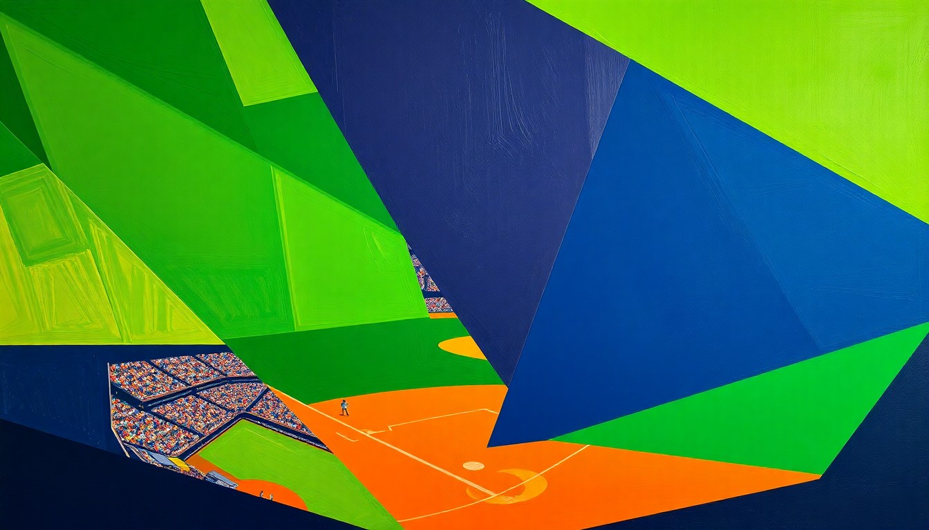 A cubist-style painting depicting a baseball game broken down into sharp, overlapping geometric shapes in vibrant colors, capturing the energy and action of the game.