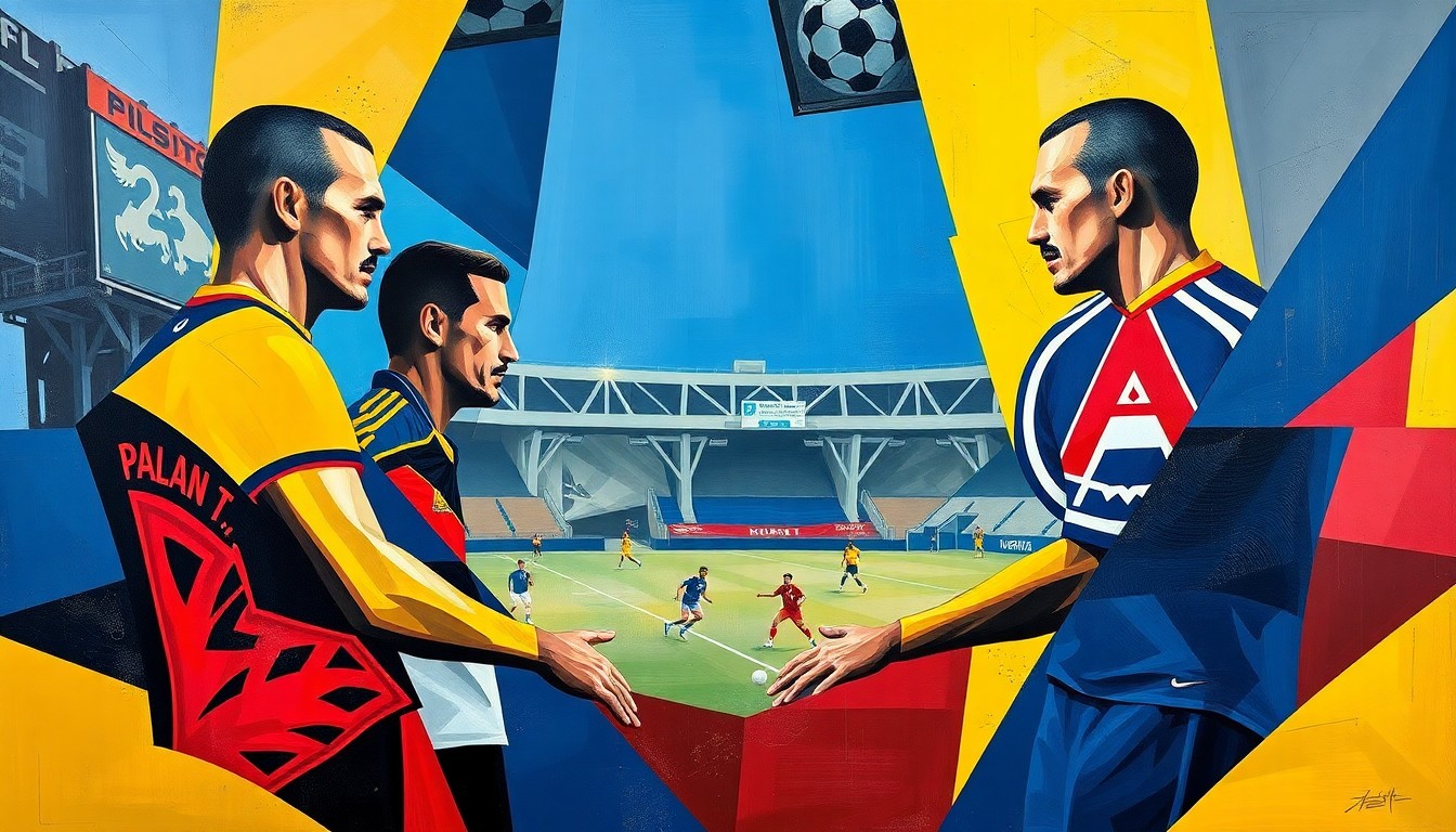 A cubist-style painting depicting a soccer match between two teams, with the players and field broken down into sharp, overlapping geometric shapes in vibrant colors.