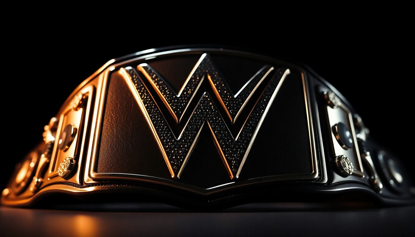 An extreme close-up photograph of the shiny, metallic surface of a WWE championship belt, with dramatic studio lighting highlighting the luxurious, glamorous texture of this exclusive wrestling merchandise.