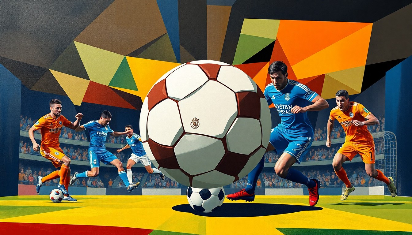 A cubist-style painting depicting a soccer match between two teams, with the ball as the central focus of the abstract, geometric composition.