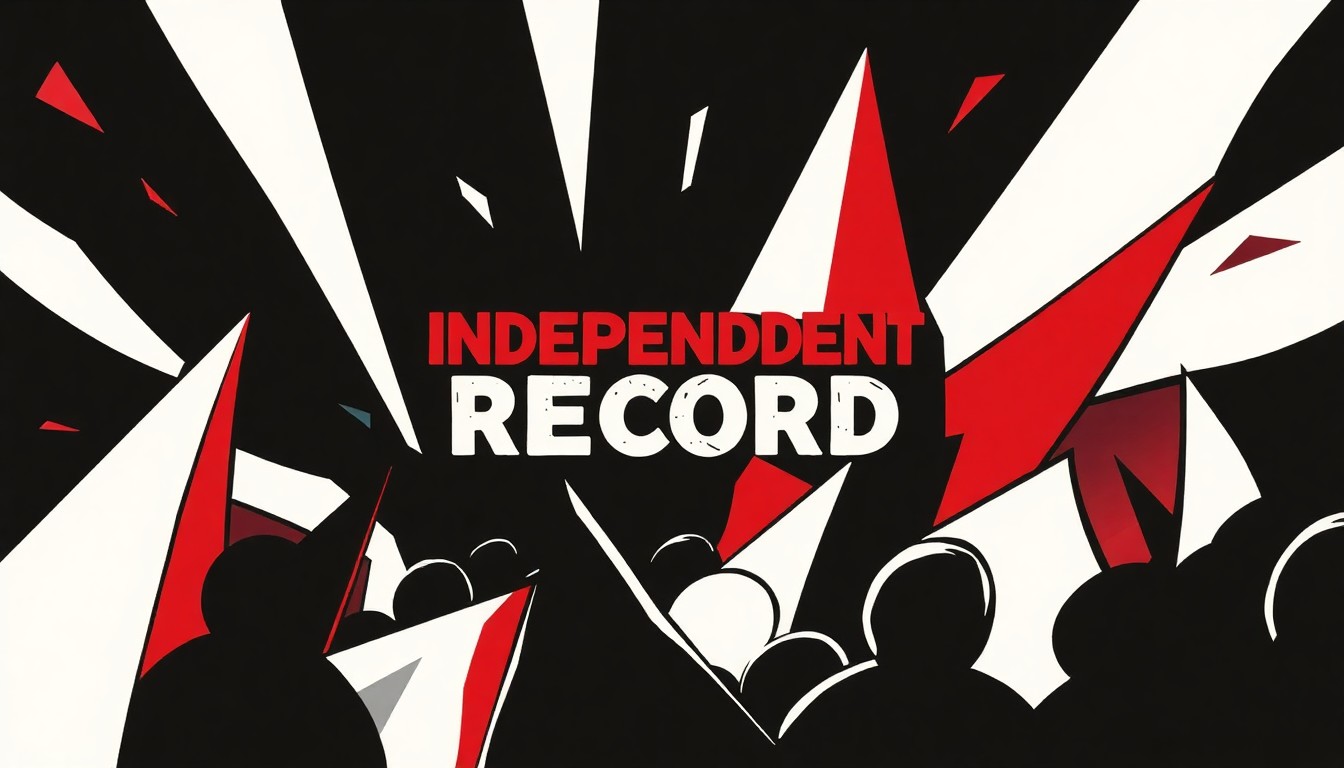 An abstract, minimalist illustration featuring sharp, angular shapes in black, white, and red, conveying the lively atmosphere of an independent record store event.