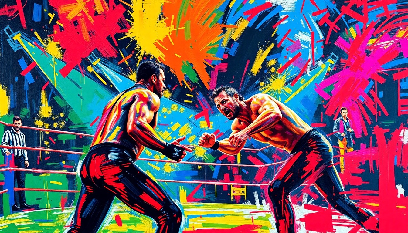 An abstract, expressionist painting in vivid neon colors, with energetic brushstrokes capturing the raw intensity and spectacle of a professional wrestling match.
