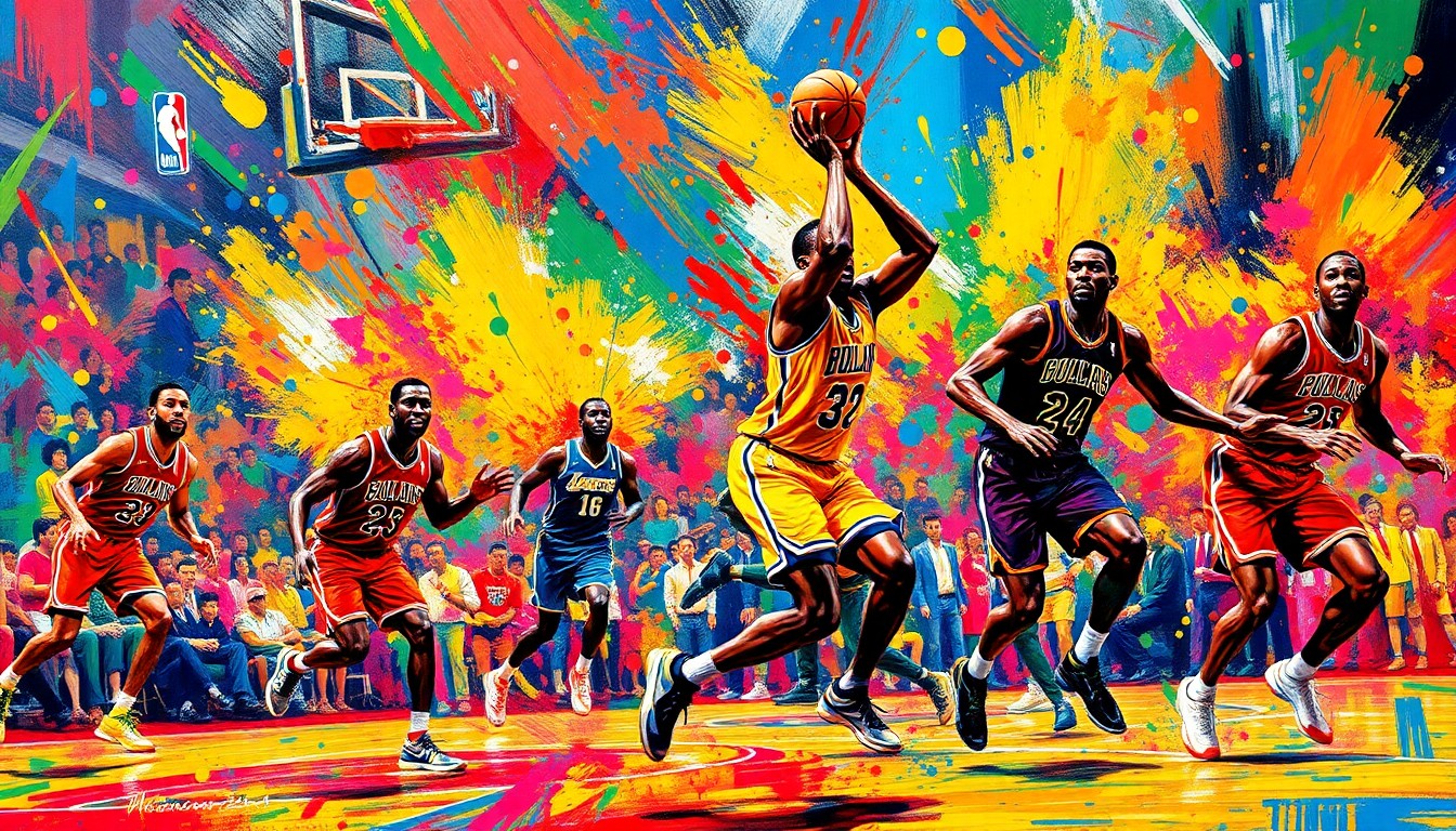 An abstract, energetic painting featuring bold brushstrokes and neon colors that capture the intensity and movement of an NBA playoff basketball game.