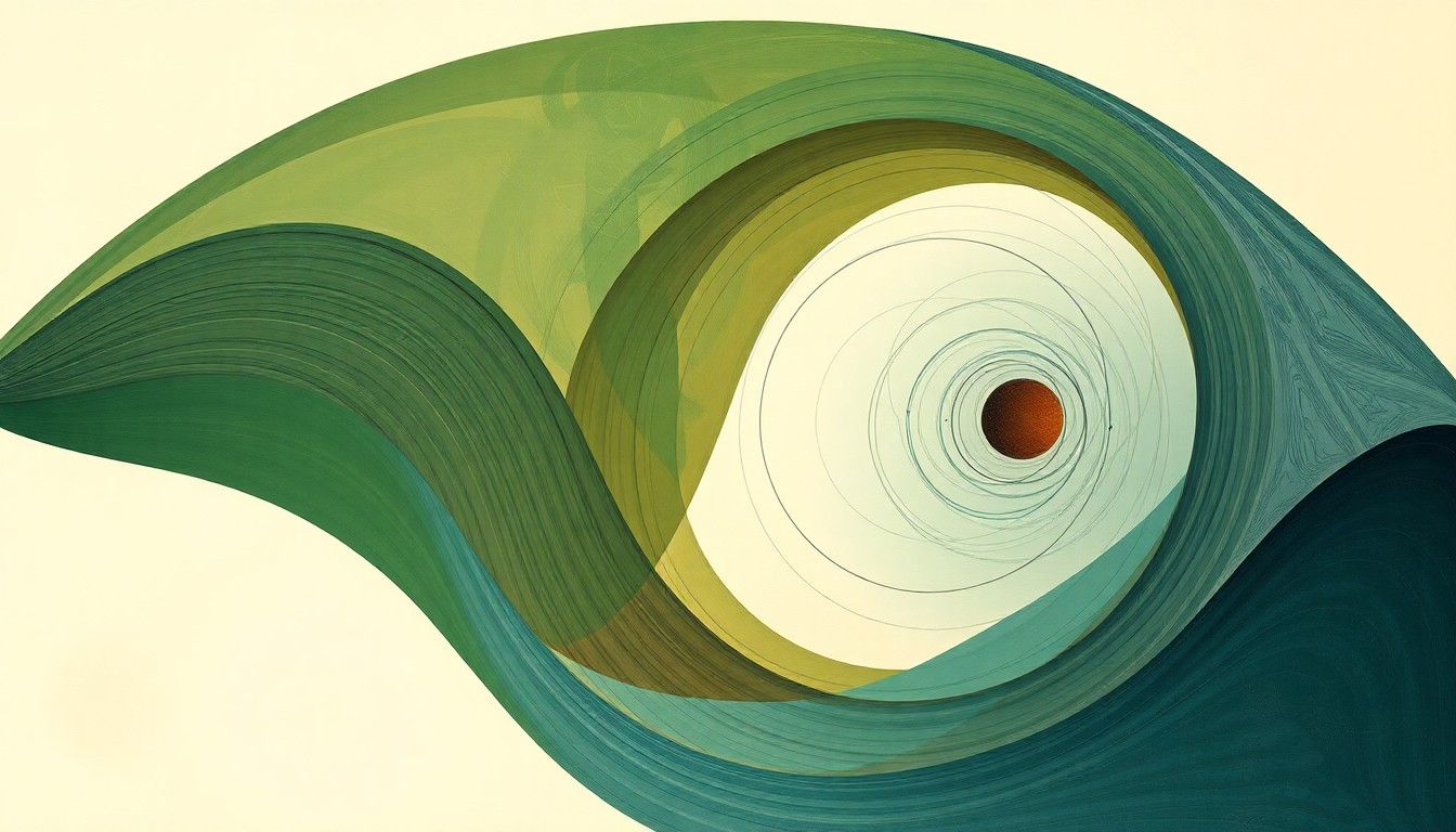 A bold, abstract painting featuring sweeping geometric arcs, intersecting waveforms, and precise botanical spirals in soft, earthy tones of green, brown, and blue, conceptually representing the delicate balance between human cognition and artificial intelligence.