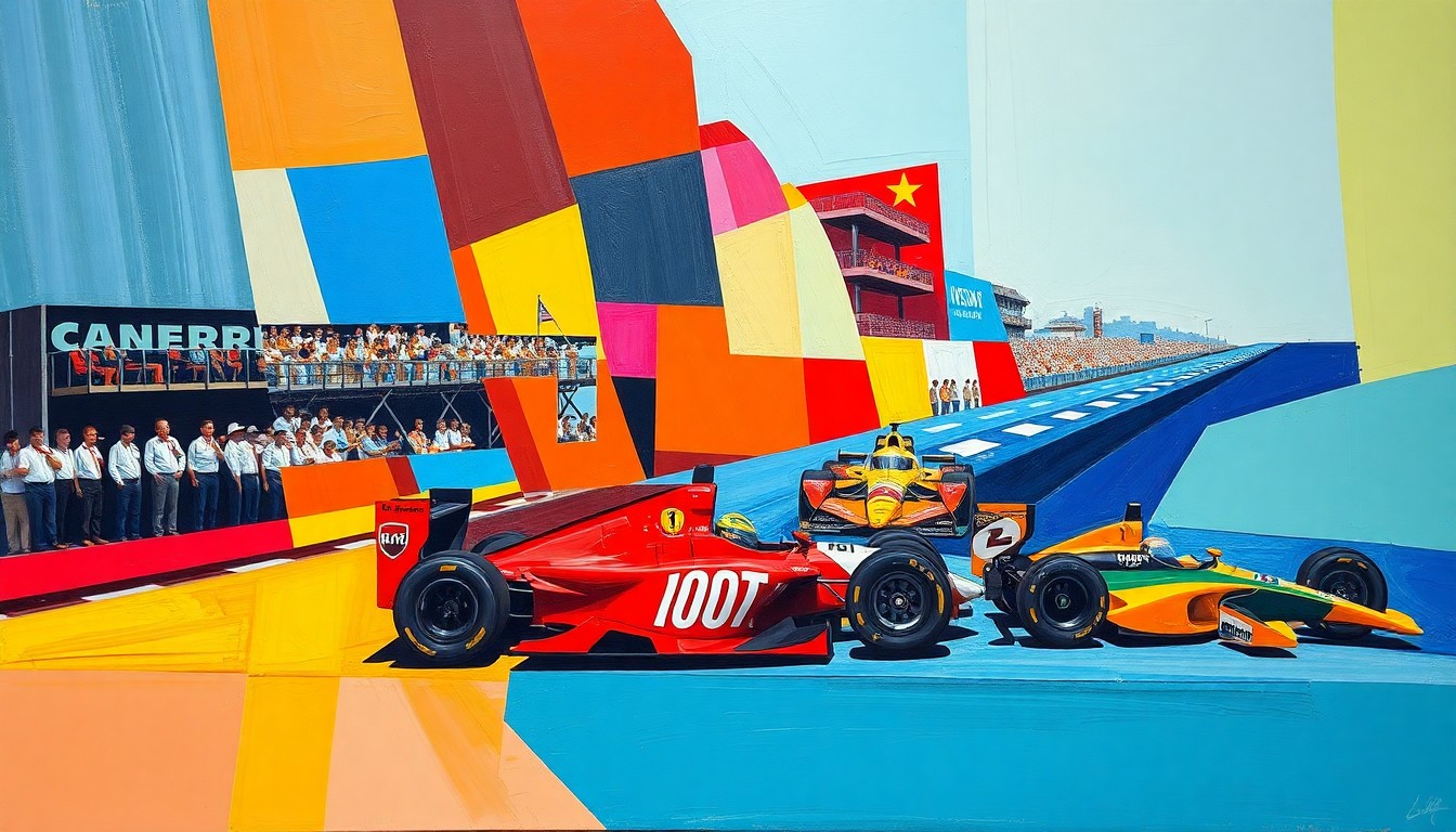 A cubist, geometric painting featuring overlapping planes of bright team colors, capturing the energy and movement of an IndyCar race at the Long Beach street circuit.