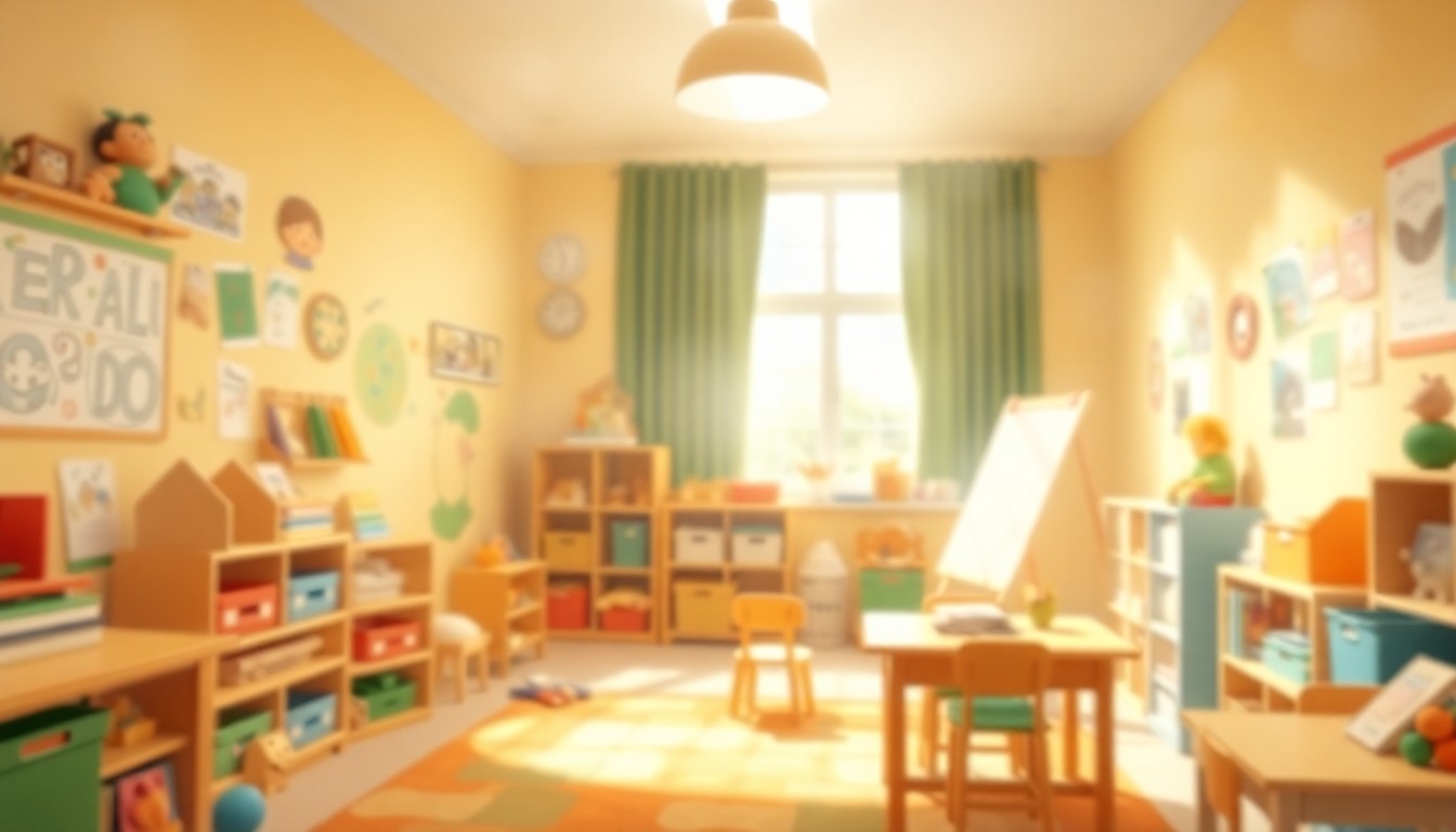 An abstract, out-of-focus photograph depicting the soft, warm tones and textures of a preschool classroom, conceptually representing the cherished educational space at risk of closure.