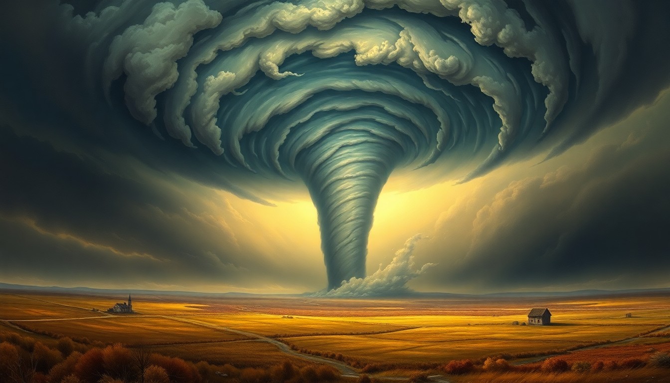 A sweeping, atmospheric landscape painting depicting a massive tornado vortex dominating the horizon, conveying the raw power and sublime scale of the natural disaster.