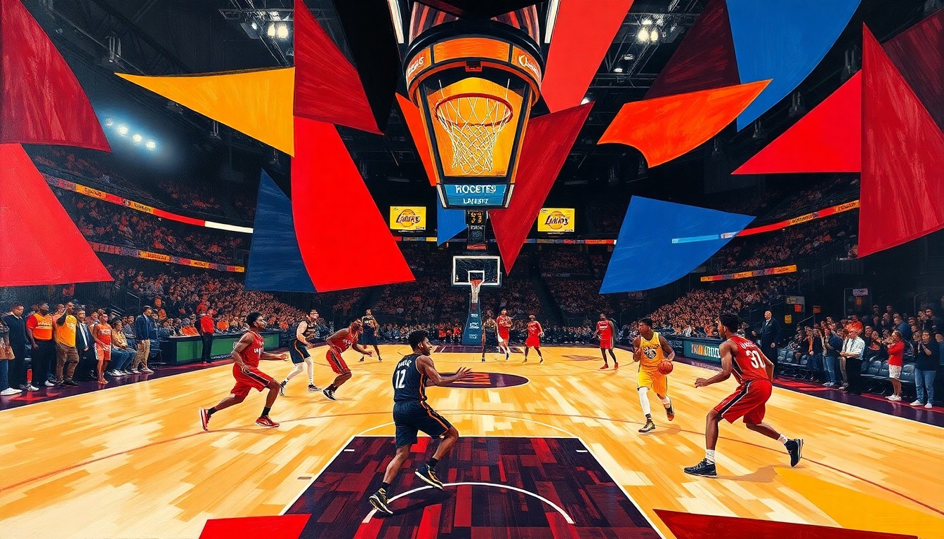 A fractured, multi-perspective painting in bold, angular shapes and vibrant colors, depicting an abstracted basketball game between the Houston Rockets and Los Angeles Lakers. The players' forms are deconstructed into geometric planes, hinting at the game's action and energy.