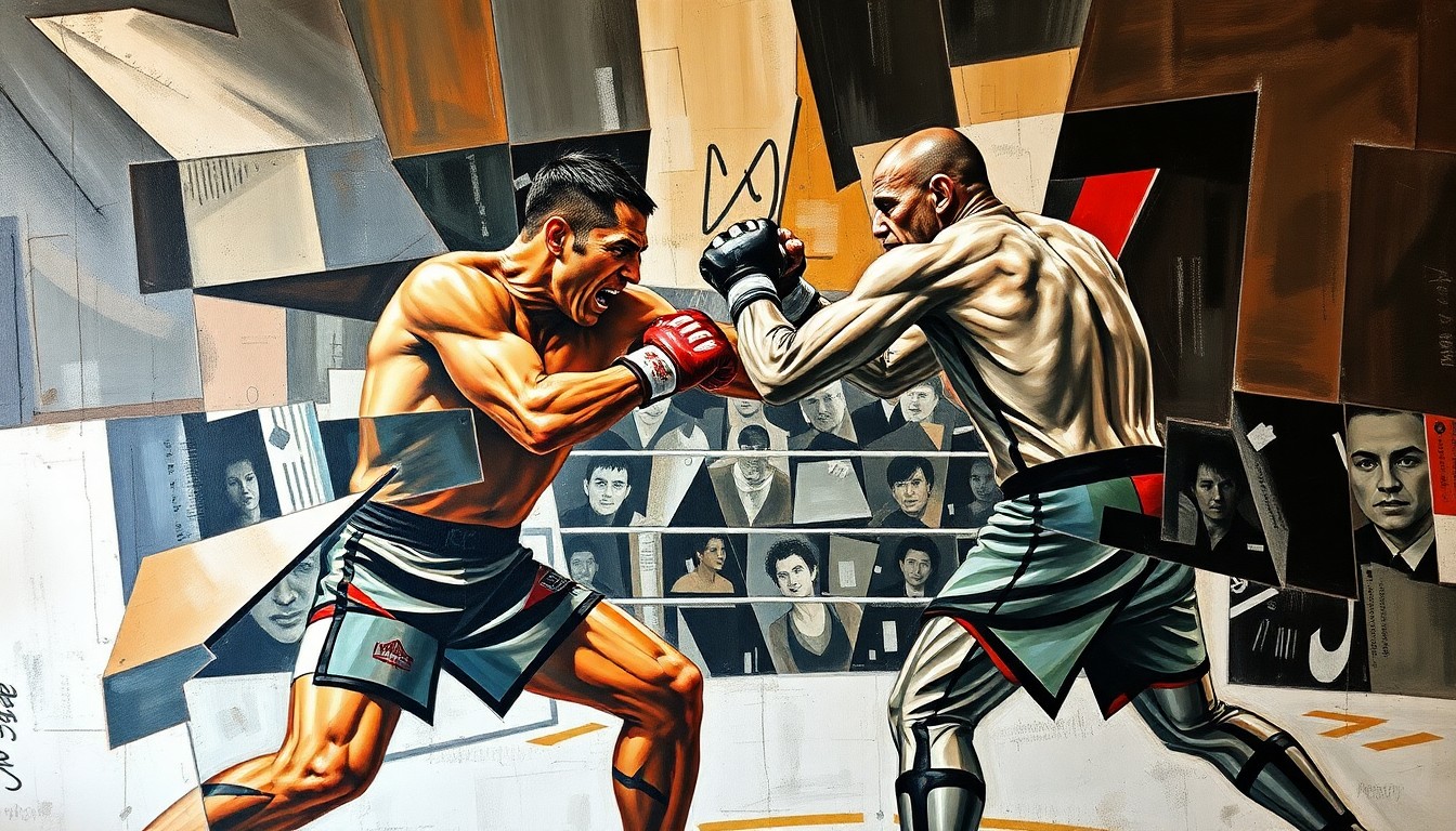 A cubist, geometric painting depicting the fractured, multi-perspective action of a mixed martial arts fight, with sharp, overlapping planes of color and form representing the dynamic movements and intensity of the competition.