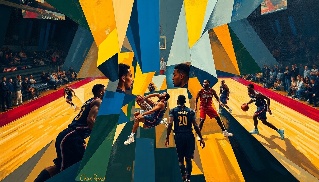 A cubist, geometric painting depicting the intense action of a basketball game, with the players' forms broken down into abstract shapes and planes of vibrant colors.