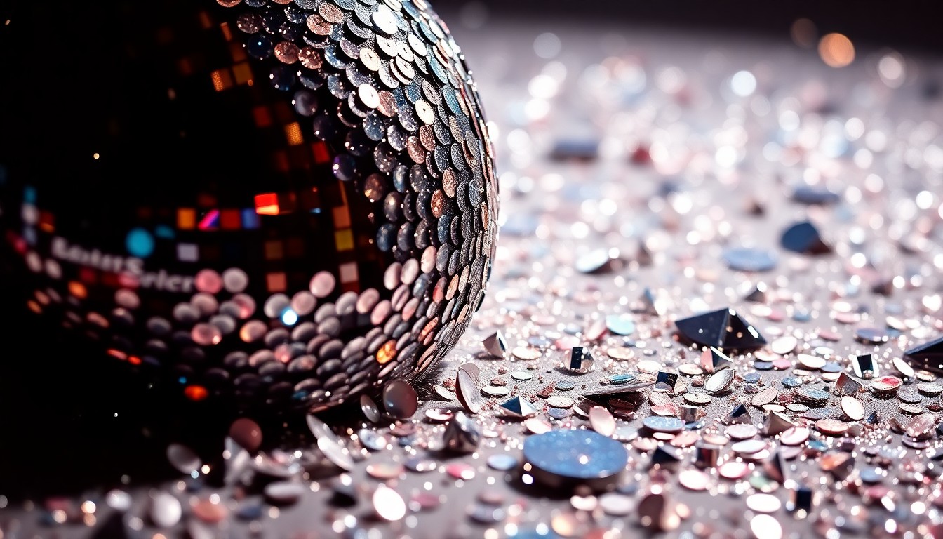 An extreme close-up photograph of shimmering sequins and shattered glass, creating a high-contrast, high-fashion aesthetic that evokes the excitement of a Justin Bieber concert.
