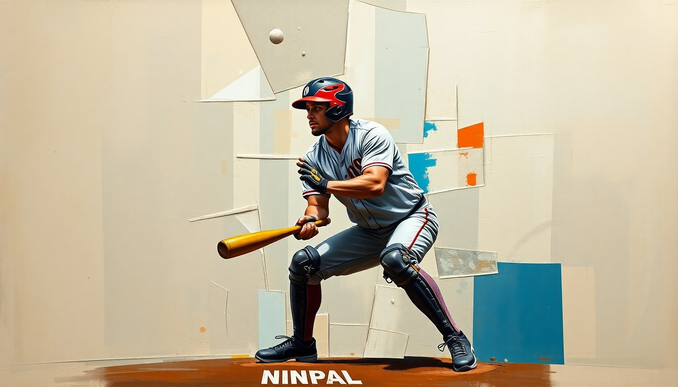 A fragmented, geometric painting in muted earth tones with flashes of bright primary colors, depicting a baseball catcher in mid-crouch from multiple overlapping perspectives, conveying the physical and mental demands of the position.