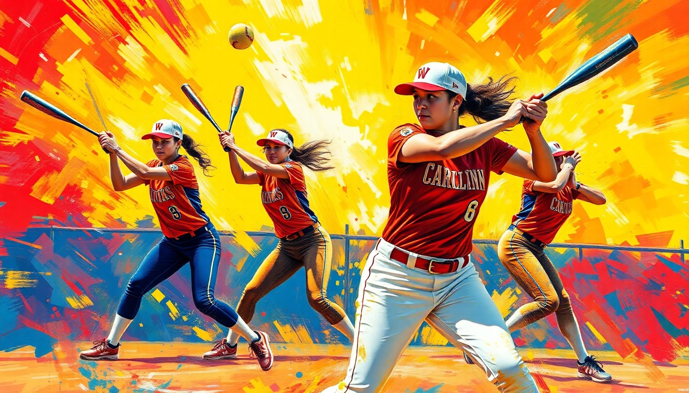 A dynamic, colorful painting featuring energetic brushstrokes and vibrant neon hues that capture the powerful motion and intensity of a softball game, conveying the excitement and momentum of the Western Carolina team's victory.