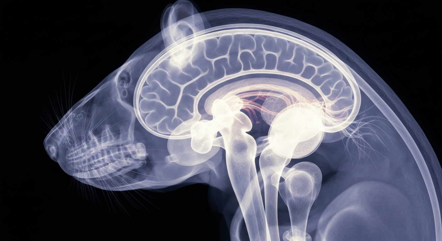 A highly detailed, translucent X-ray-style image of a rat's brain, showing the complex neural structures in ghostly, glowing lines against a dark background, conceptually representing the study's findings on how early PFAS exposure can alter brain development and function.