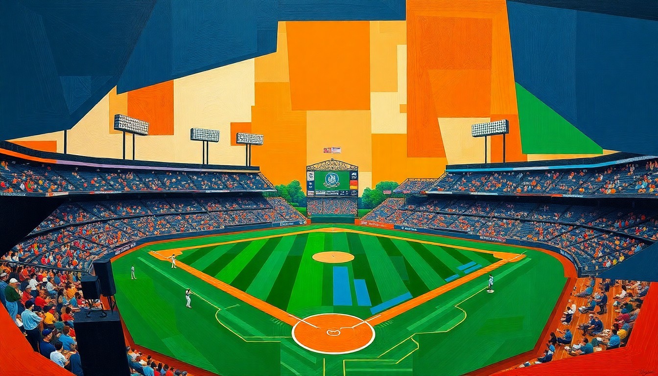 A cubist, geometric painting depicting a college baseball game, with overlapping planes of navy, green, and orange representing the dynamic action on the field.