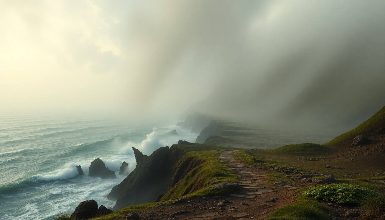 A sweeping, atmospheric landscape painting in muted tones of grey, green, and blue, capturing the dramatic scale and power of the Pacific Ocean as it erodes a coastal trail, with the remaining path disappearing into the turbulent waters.