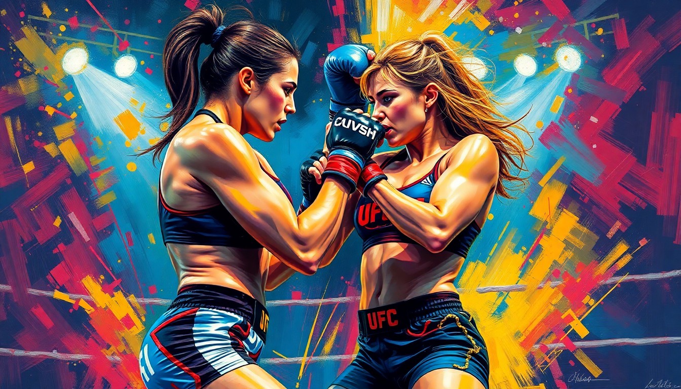A vibrant, expressionist painting depicting the raw energy and movement of two female MMA fighters facing off in the Octagon, their forms dissolving into neon-colored brushstrokes that capture the intensity of the sport.