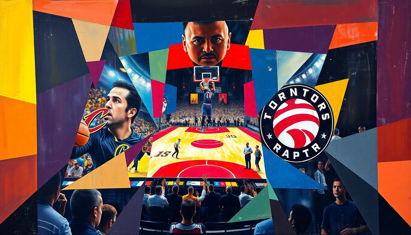 A cubist, geometric painting depicting a basketball game with overlapping, fragmented shapes and planes in vibrant colors, representing the Cavaliers' dominant offensive performance against the Raptors.
