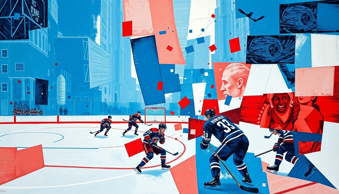 A cubist, fragmented painting depicting a hockey game, with players and the rink broken down into sharp, overlapping geometric shapes in blue, red, and white tones, capturing the dynamic energy of the sport.