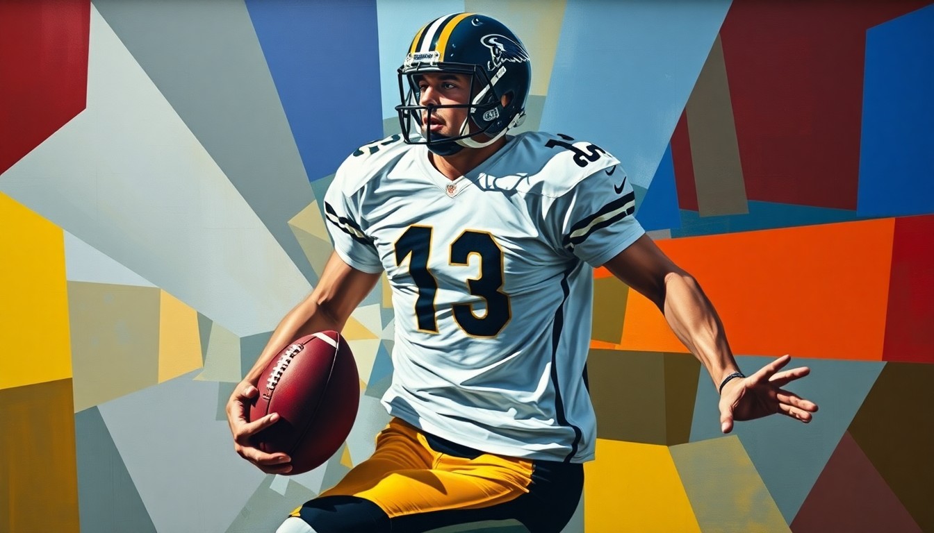 A fragmented, geometric painting depicting the dynamic movements of a football player, with sharp angles and planes that obscure the player's identity, conveying the intensity and physicality of the sport.