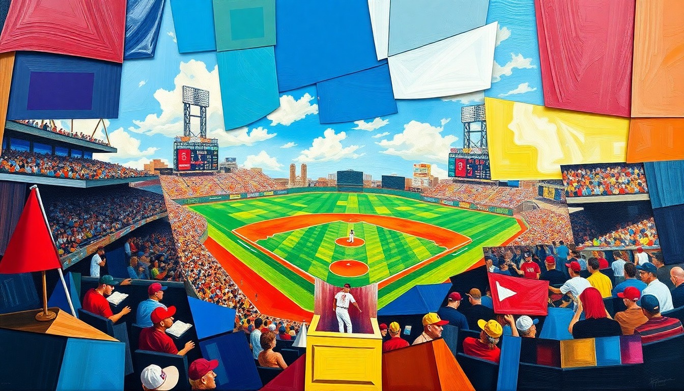 A fragmented, geometric painting depicting a baseball game, with sharp planes of color and overlapping perspectives representing the Bulls' inability to solve the Tides' pitching on this night.