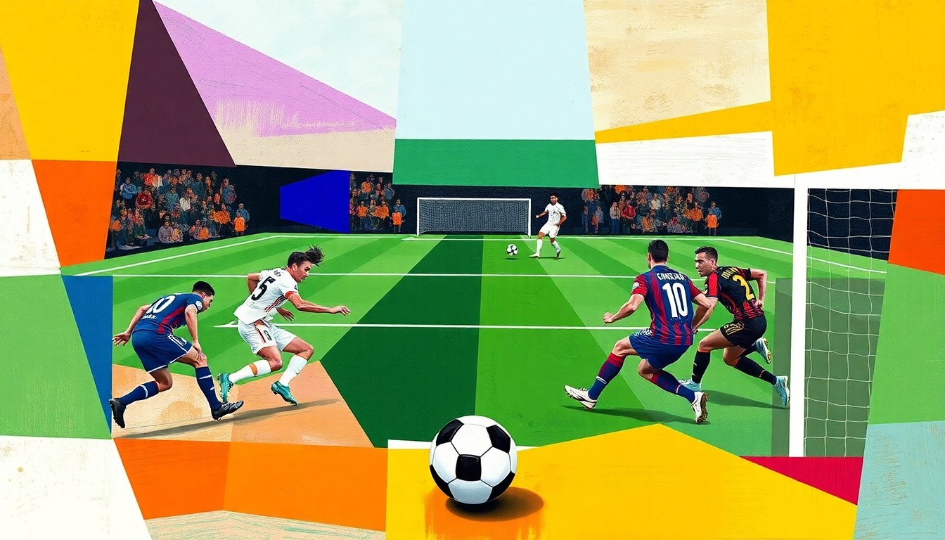 A fractured, geometric painting breaking down a soccer match into abstract shapes and planes of color, with the ball and goal as the central focal points.