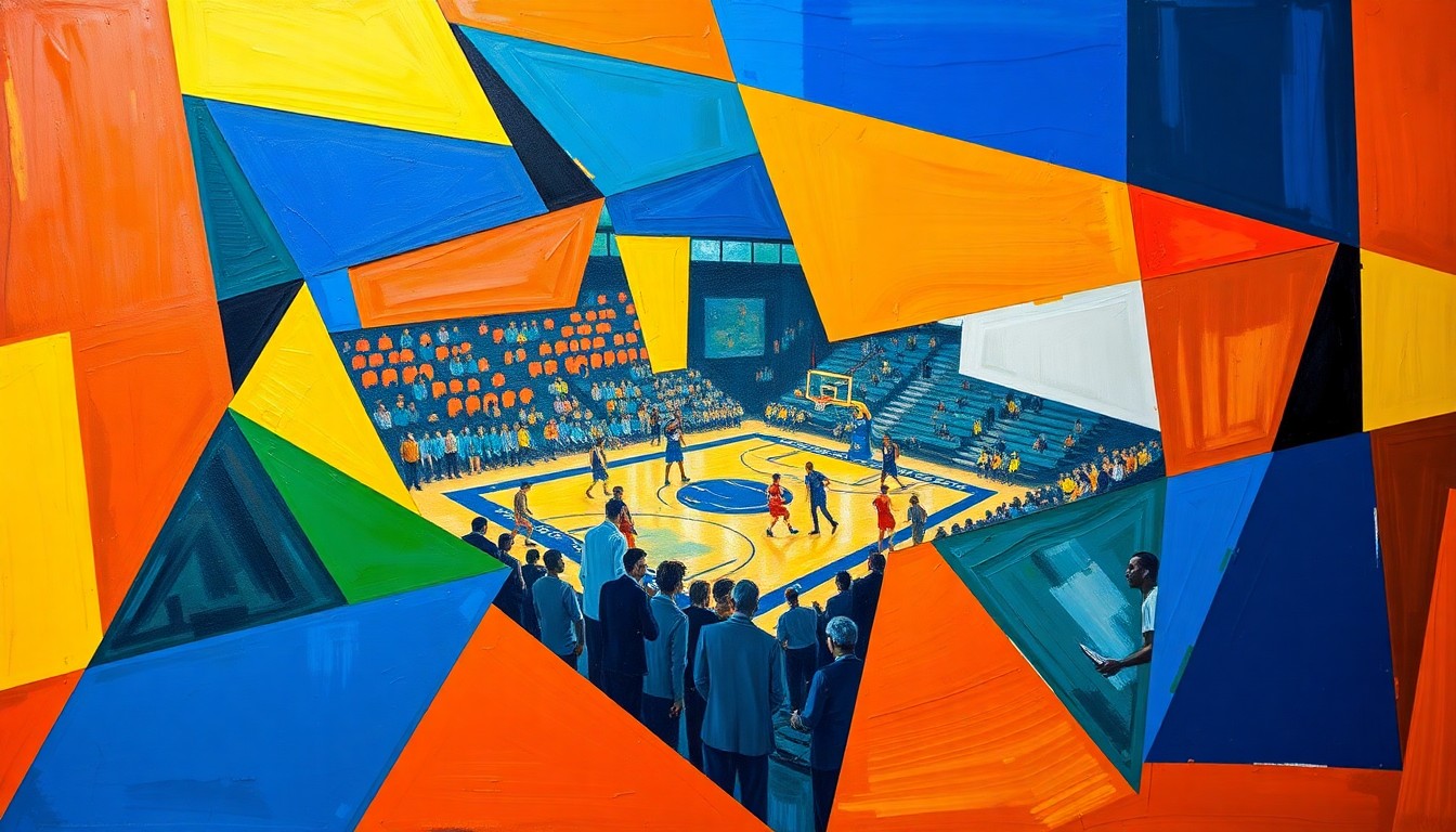 A cubist, geometric painting depicting a fragmented basketball scene, with overlapping planes of color and shape representing the internal turmoil within the New York Knicks organization.