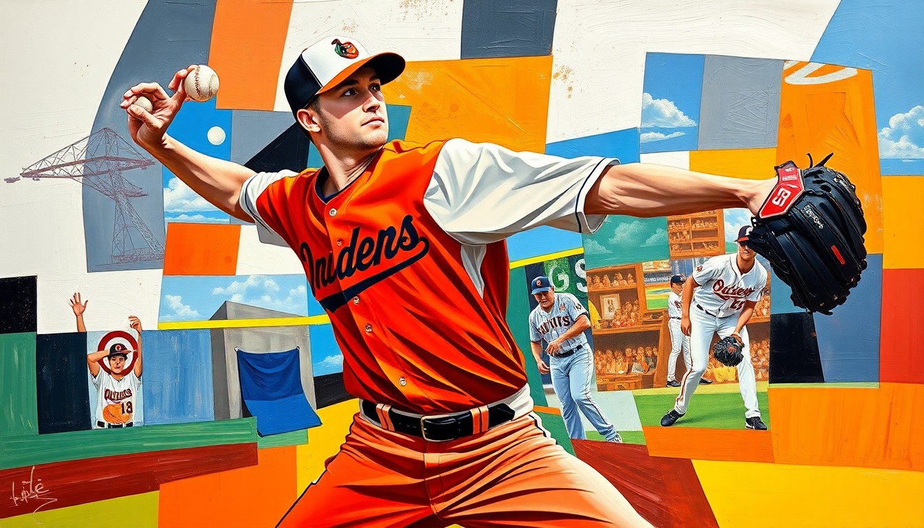 A cubist-style painting depicting a baseball pitcher's motion broken down into fragmented geometric shapes and planes, using the team colors of the Guardians and Orioles.