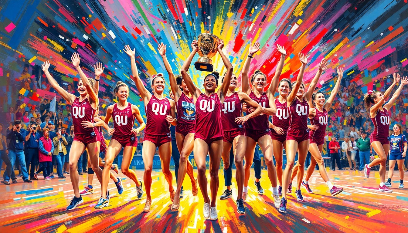 A dynamic, colorful painting featuring bold, energetic brushstrokes that capture the celebratory spirit and athletic prowess of the OU women's gymnastics team after their national title win.