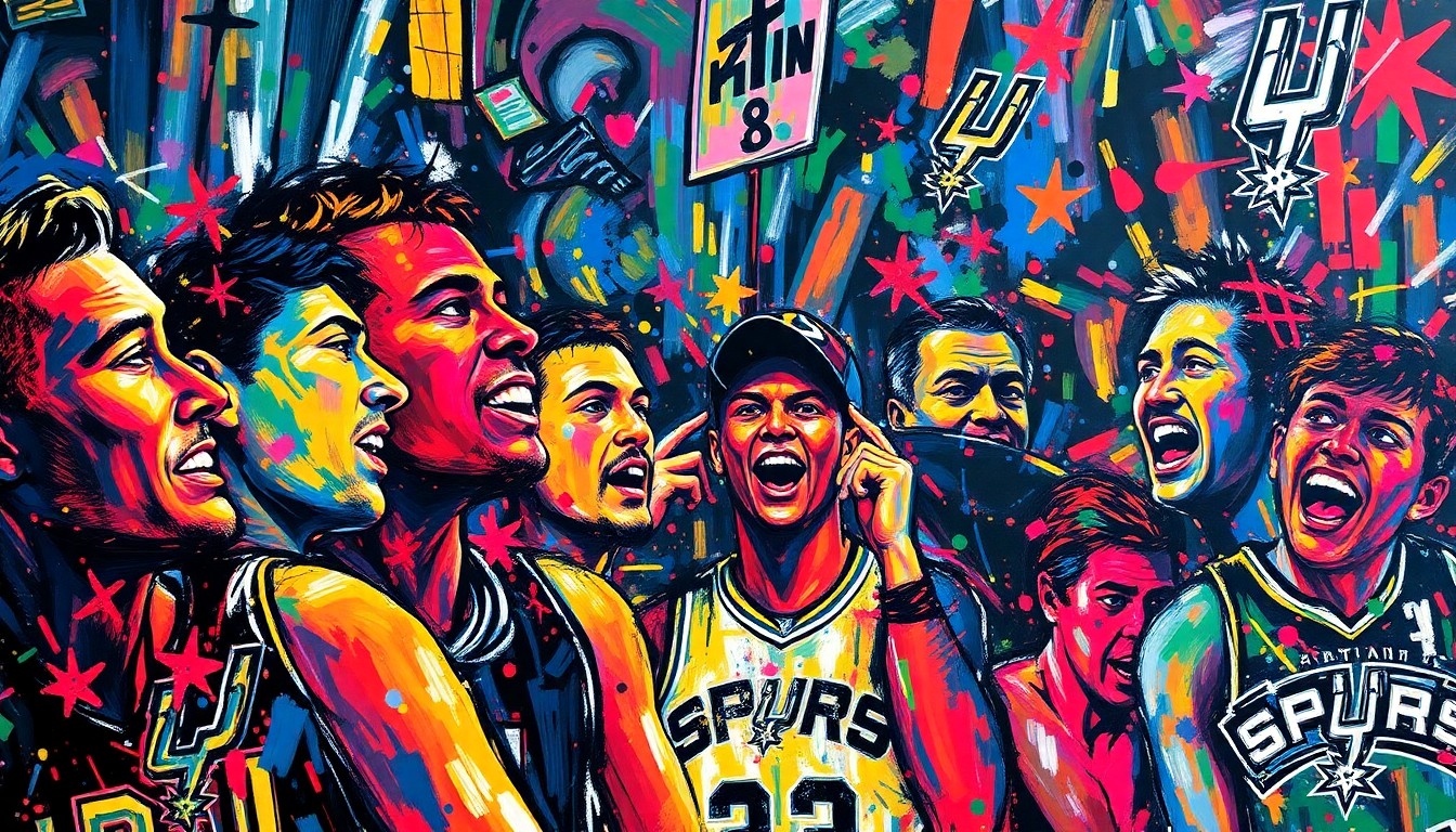 An abstract expressionist painting in vibrant neon colors, capturing the raw energy and excitement of a San Antonio Spurs playoff game through rapid brushstrokes that dissolve faces and logos into unrecognizable splatters, conveying the palpable sense of community pride and team spirit filling the city.