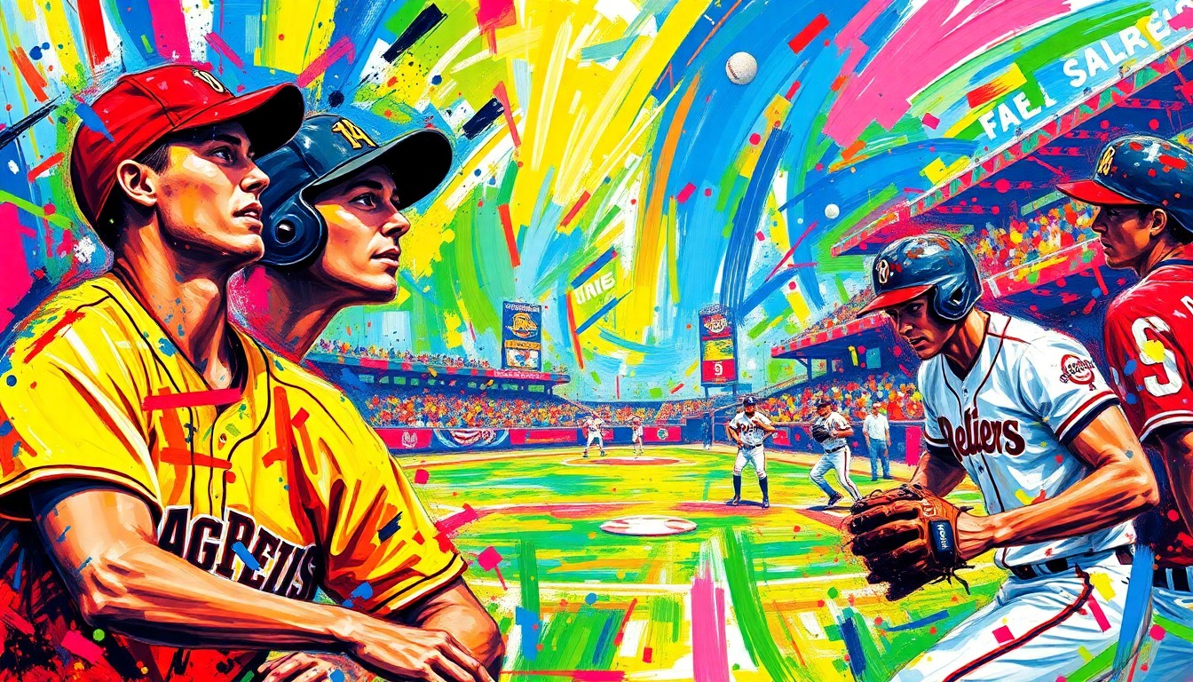 An abstract expressionist painting in neon colors, with rapid brushstrokes capturing the dynamic motion and energy of a college baseball game, players' forms dissolving into unrecognizable splatters of paint.