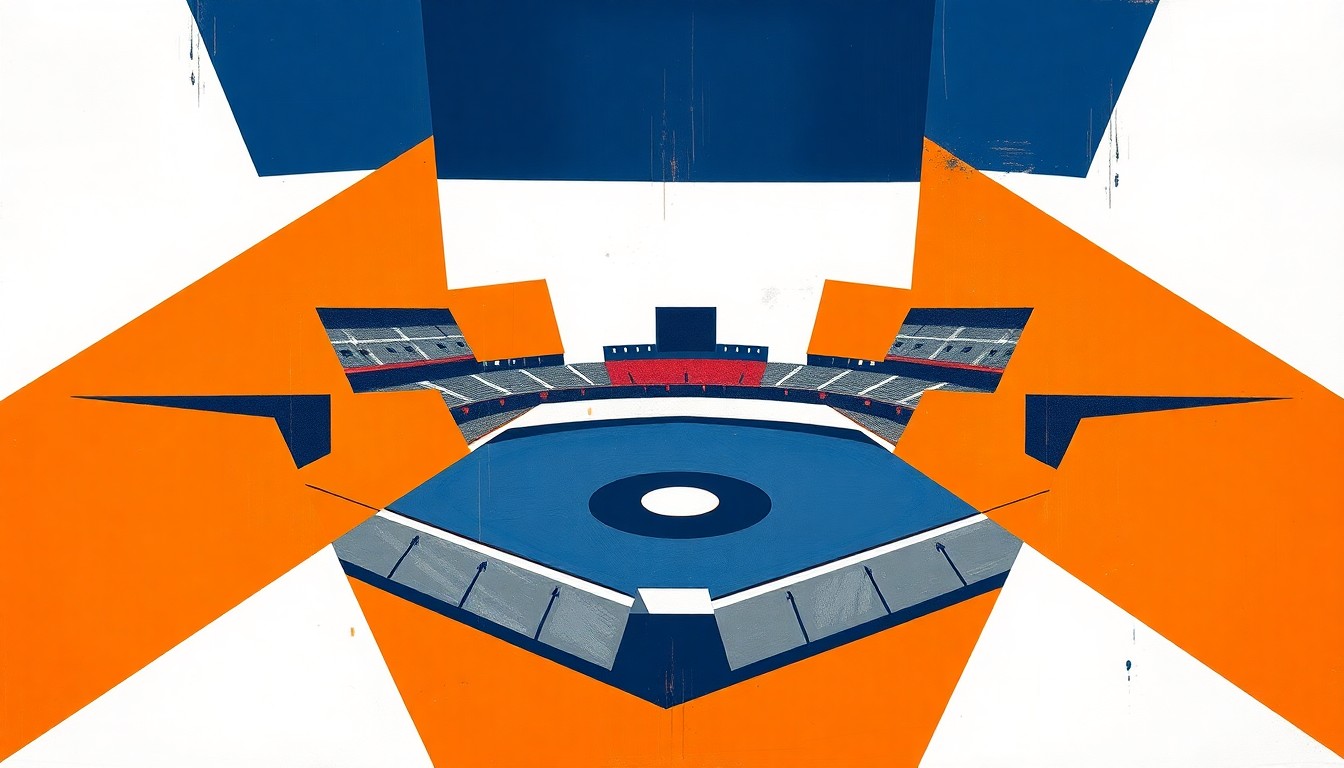 A fragmented, geometric painting in shades of orange, navy, and white, capturing the overlapping movements and perspectives of a college softball game.