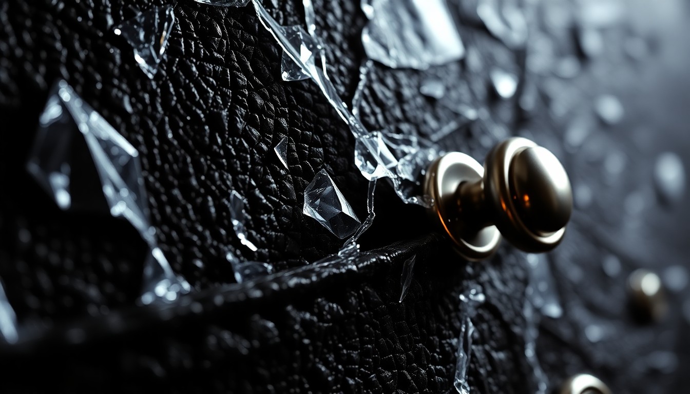 An extreme close-up of shattered glass reflecting a faint red light, conceptually illustrating the dark allure of crime television.