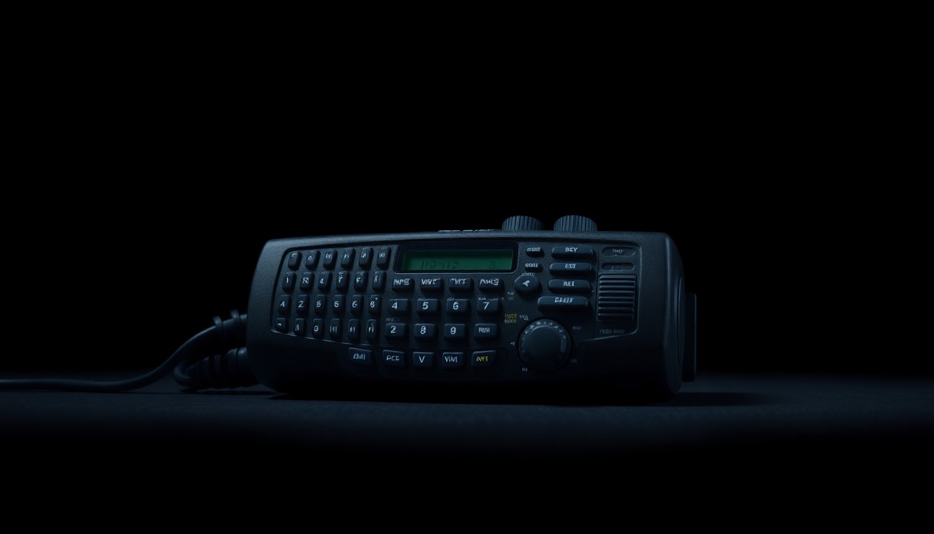 An extreme close-up of a police radio or other law enforcement equipment, captured in harsh, dramatic lighting to convey the serious, investigative nature of the incident.