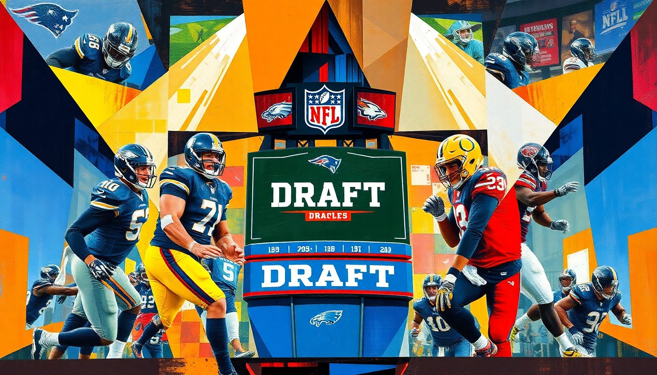 A cubist, geometric painting depicting fragmented football players, team logos, and draft board elements in a chaotic, abstract composition.