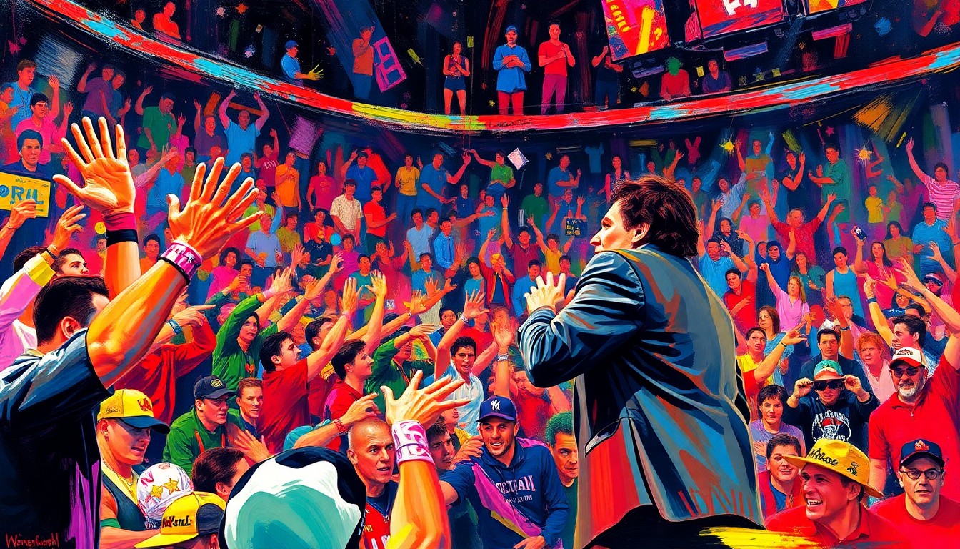 An abstract, energetic painting featuring bold, neon-colored brushstrokes that convey the intense emotions and hostility of a crowd booing a public figure.